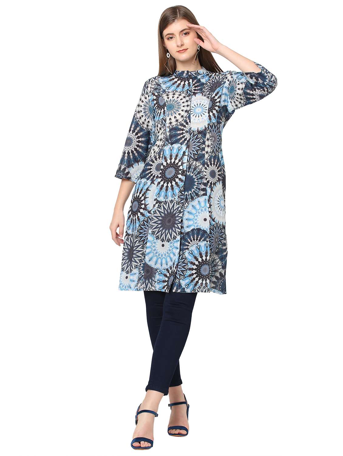 women printed three quarter sleeve a-line kurta