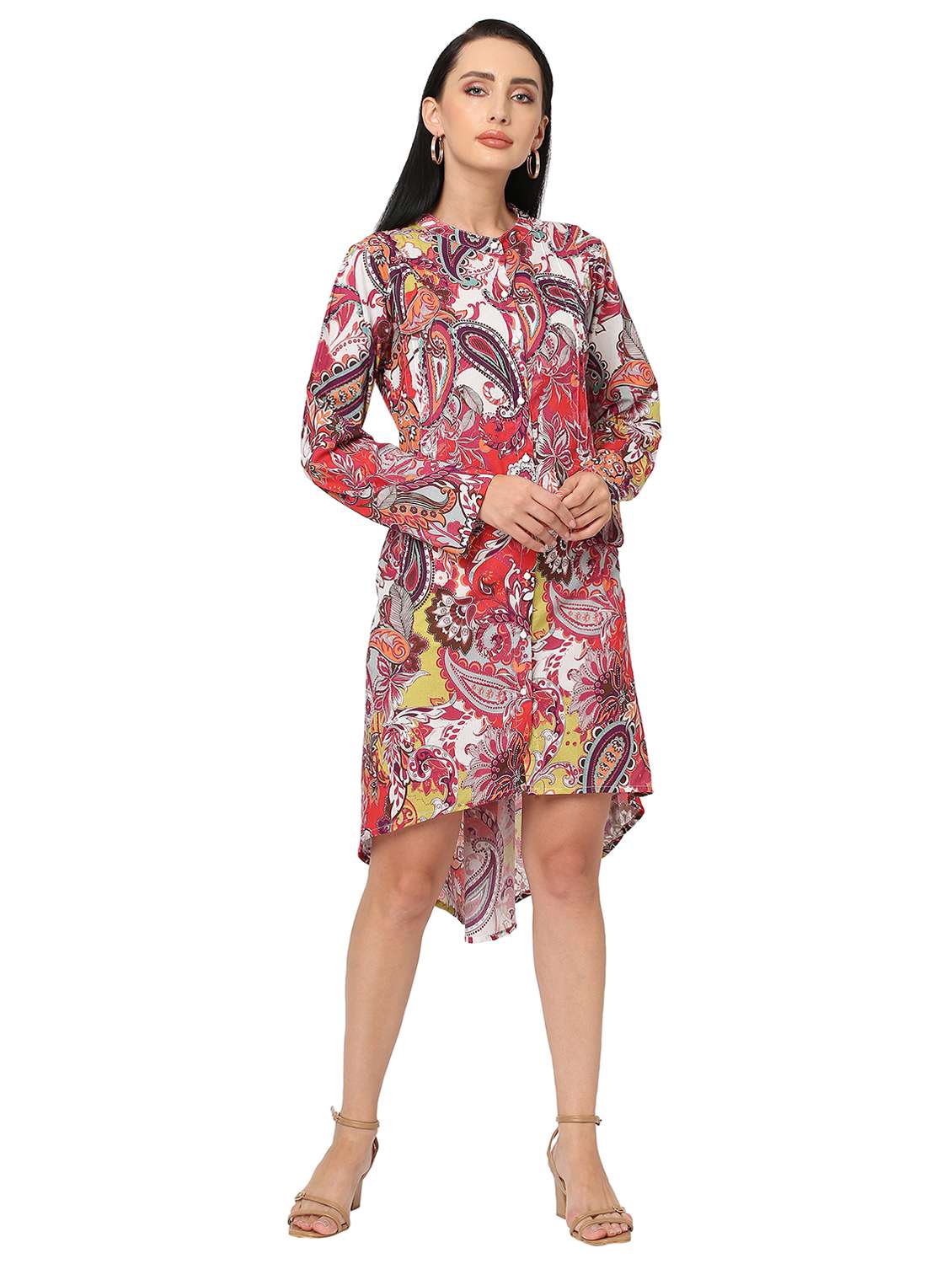 women multi color printed mandarin neck high-low dress