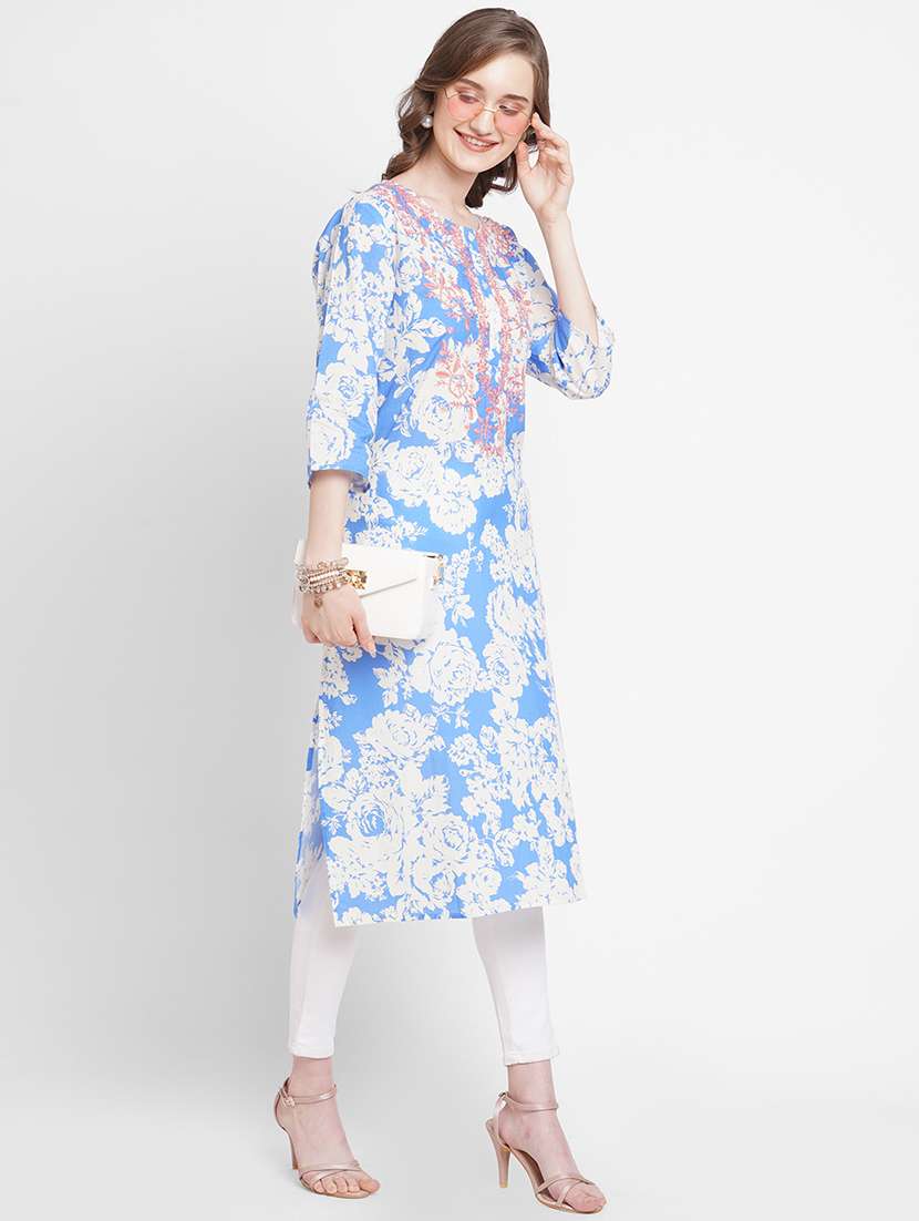 women floral three quarter sleeve straight kurta - 21662109 - Standard Image - 4