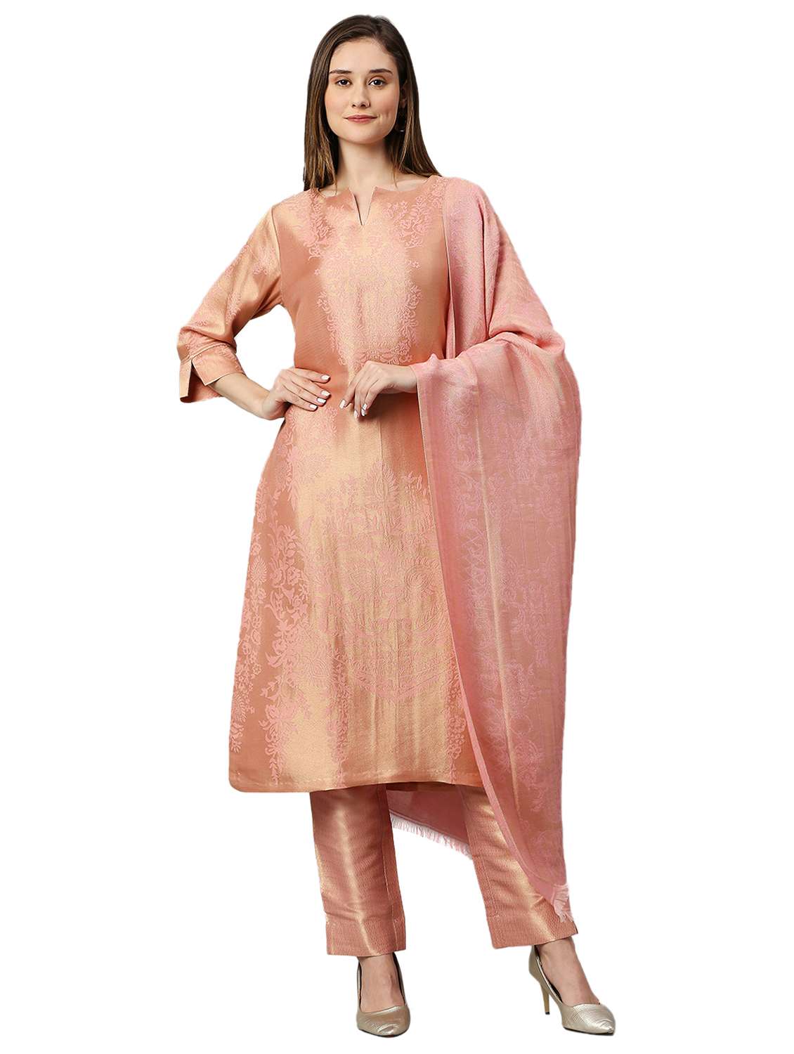 women three quarter sleeve kurta pant with dupatta set