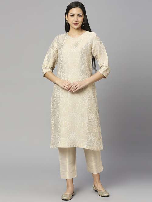 women self design three quarter sleeve straight kurta - 21662132 -  Standard Image - 0