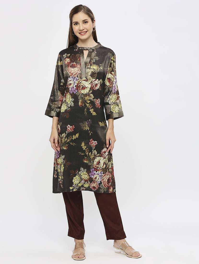 women floral three quarter sleeve straight kurta