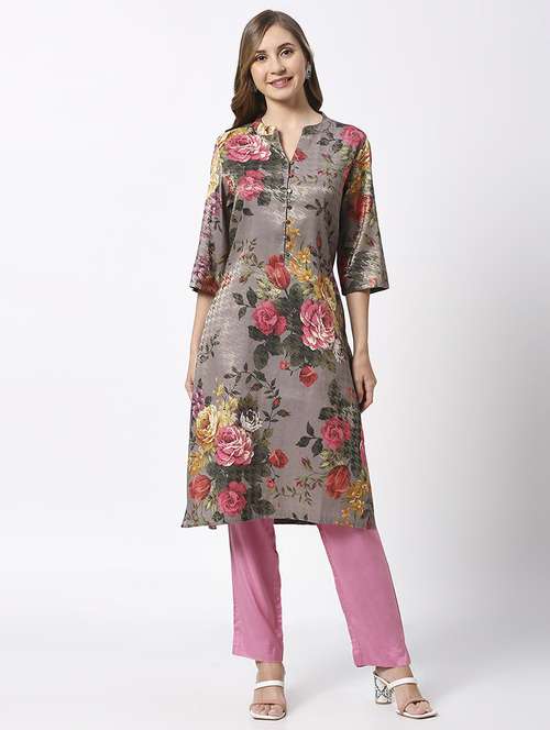 women floral three quarter sleeves straight kurta - 21662151 -  Standard Image - 0