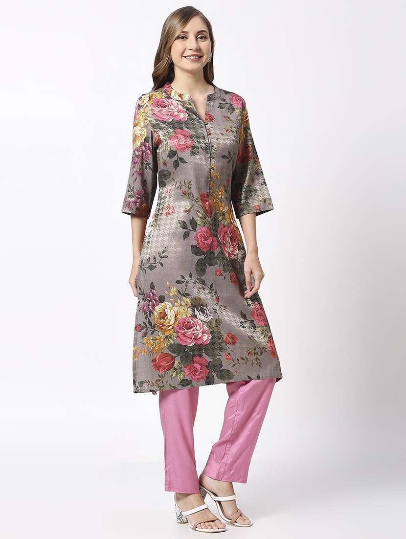 women floral three quarter sleeves straight kurta - 21662151 -  Standard Image - 1