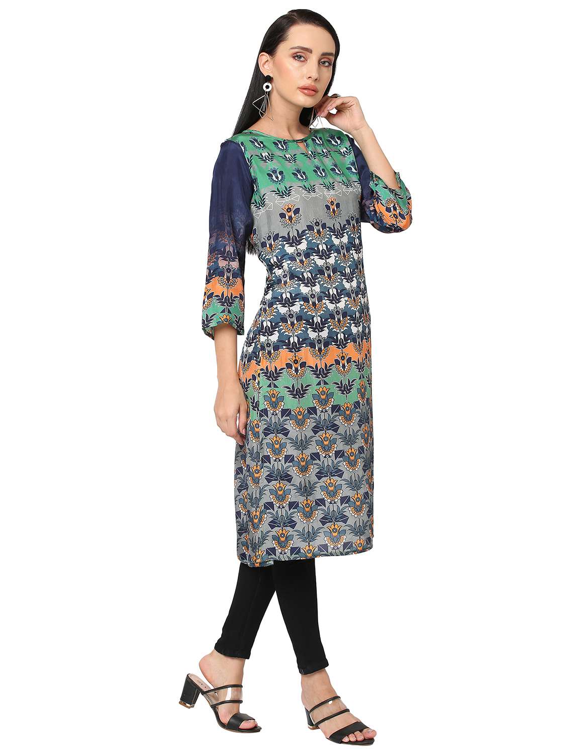 women floral three quarter sleeve straight kurta - 21662157 -  Standard Image - 1