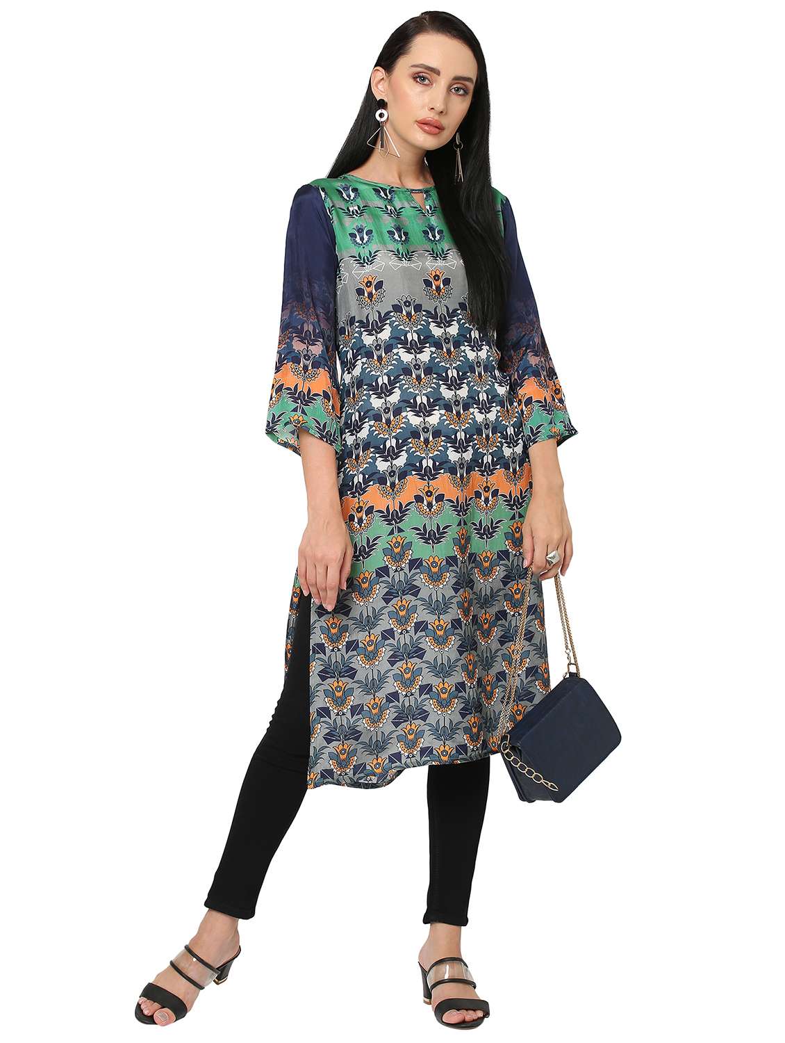 women floral three quarter sleeve straight kurta - 21662157 -  Standard Image - 4