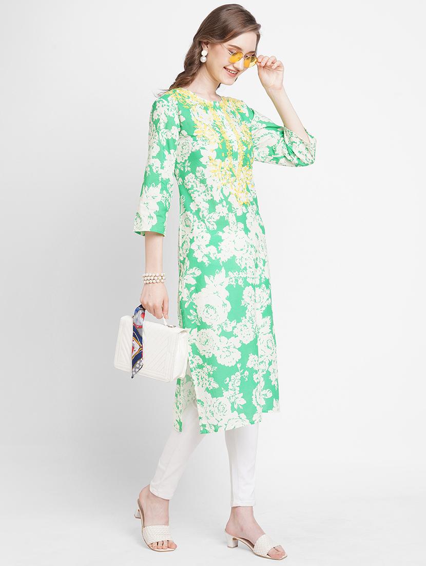 women floral three quarter sleeves straight kurta - 21662158 - Standard Image - 4