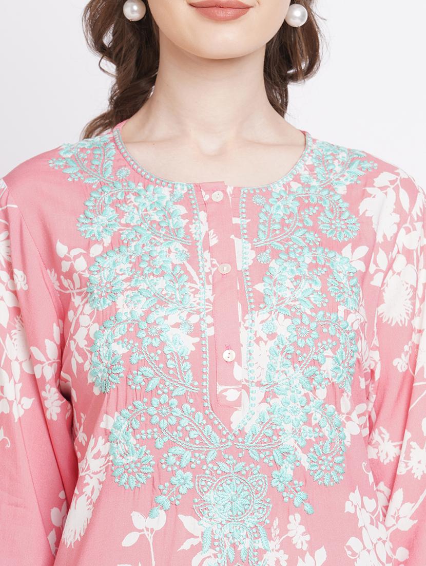 women floral three quarter sleeves straight kurta - 21662160 - Standard Image - 6