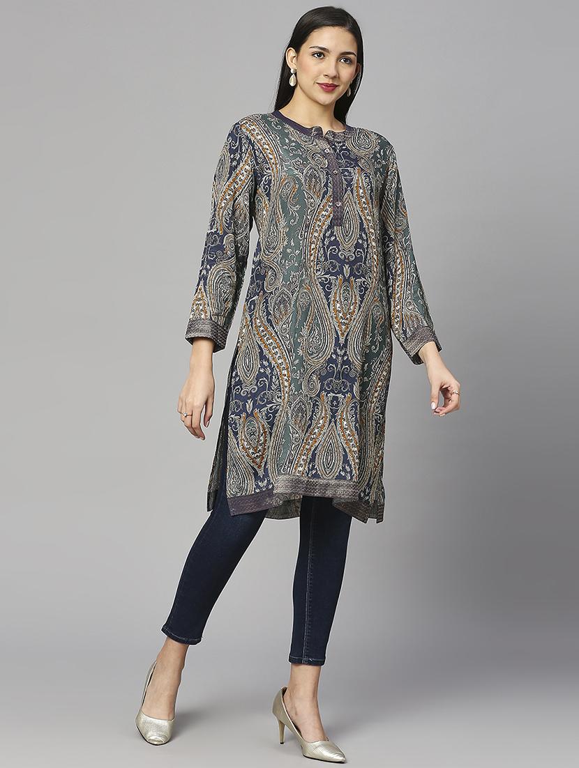 women paisley long sleeve straight kurta - 21662175 -  Standard Image - 1