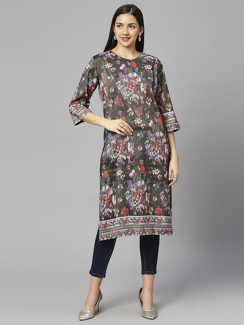 women floral three quarter sleeves straight kurta - 21662176 -  Standard Image - 0