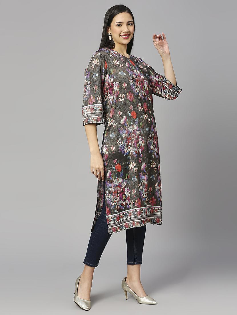 women floral three quarter sleeves straight kurta - 21662176 -  Standard Image - 1