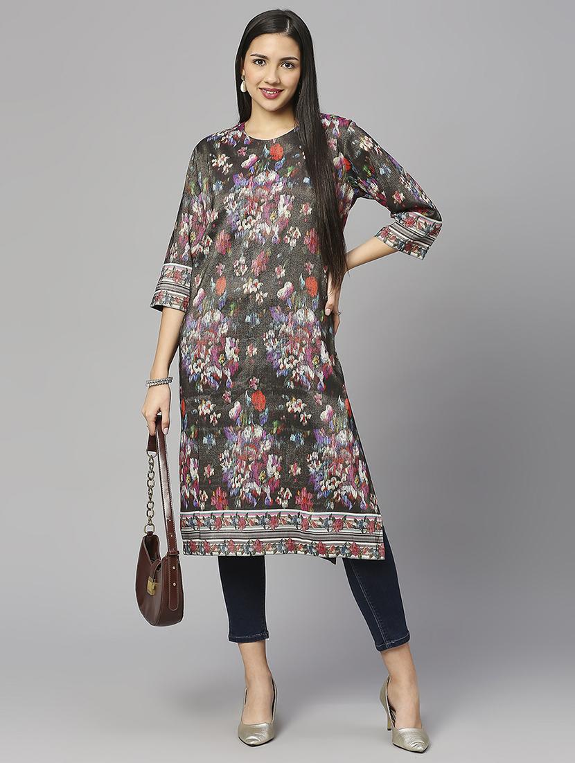 women floral three quarter sleeves straight kurta - 21662176 - Standard Image - 4