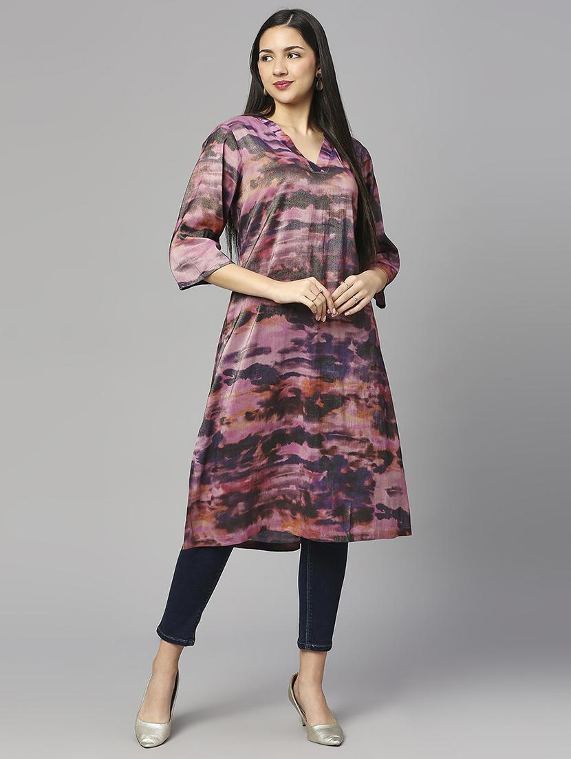 women printed three quarter sleeve a-line kurta - 21662177 - Standard Image - 1