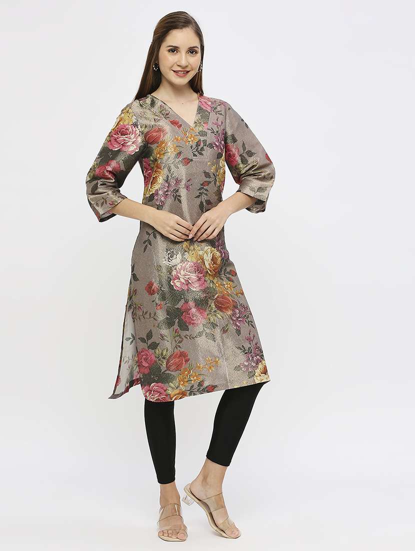women floral three quarter sleeve straight kurta - 21662185 -  Standard Image - 1