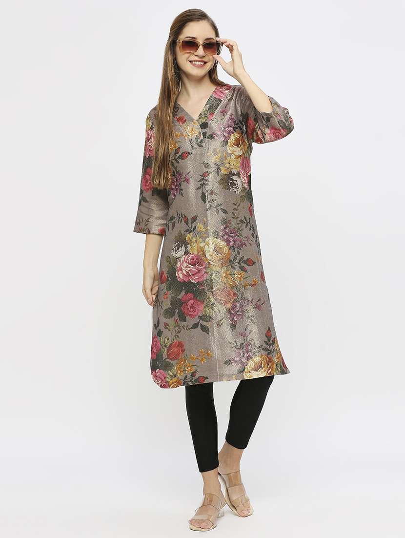 women floral three quarter sleeve straight kurta - 21662185 -  Standard Image - 4