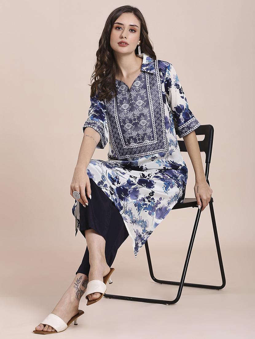 women floral print shirt collar neck asymmetric kurta - 21662190 - Standard Image - 4