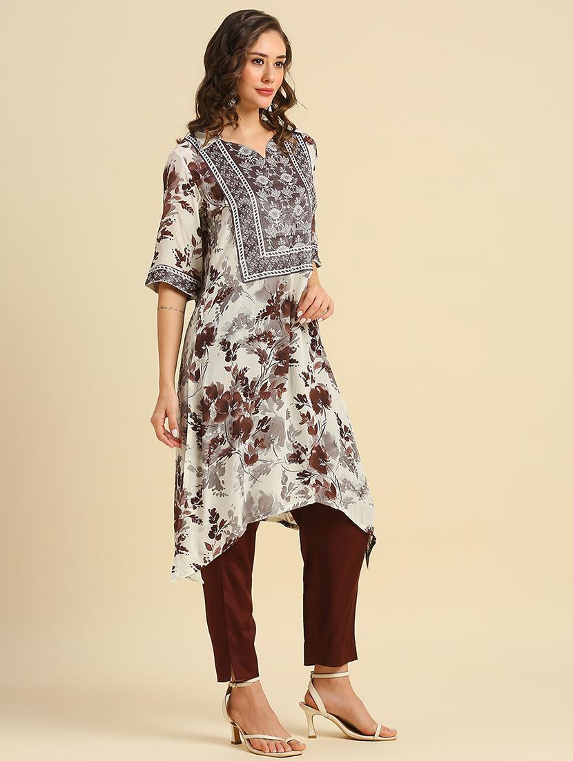 women floral print shirt collar neck asymmetric kurta - 21662191 - Standard Image - 1