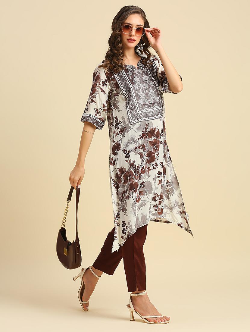 women floral print shirt collar neck asymmetric kurta - 21662191 - Standard Image - 4