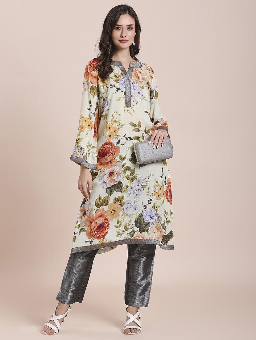 women floral long sleeve a-line kurta - 21662201 - Standard Image - 4