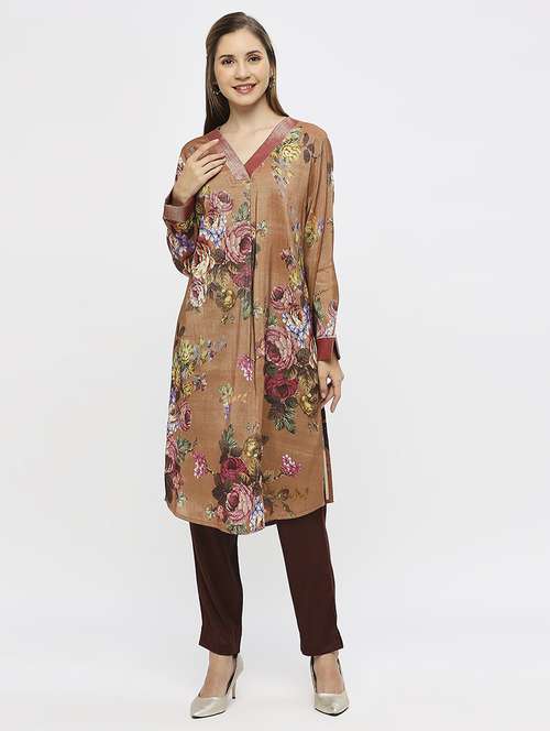 women floral long sleeve straight kurta - 21662216 - Standard Image - 0