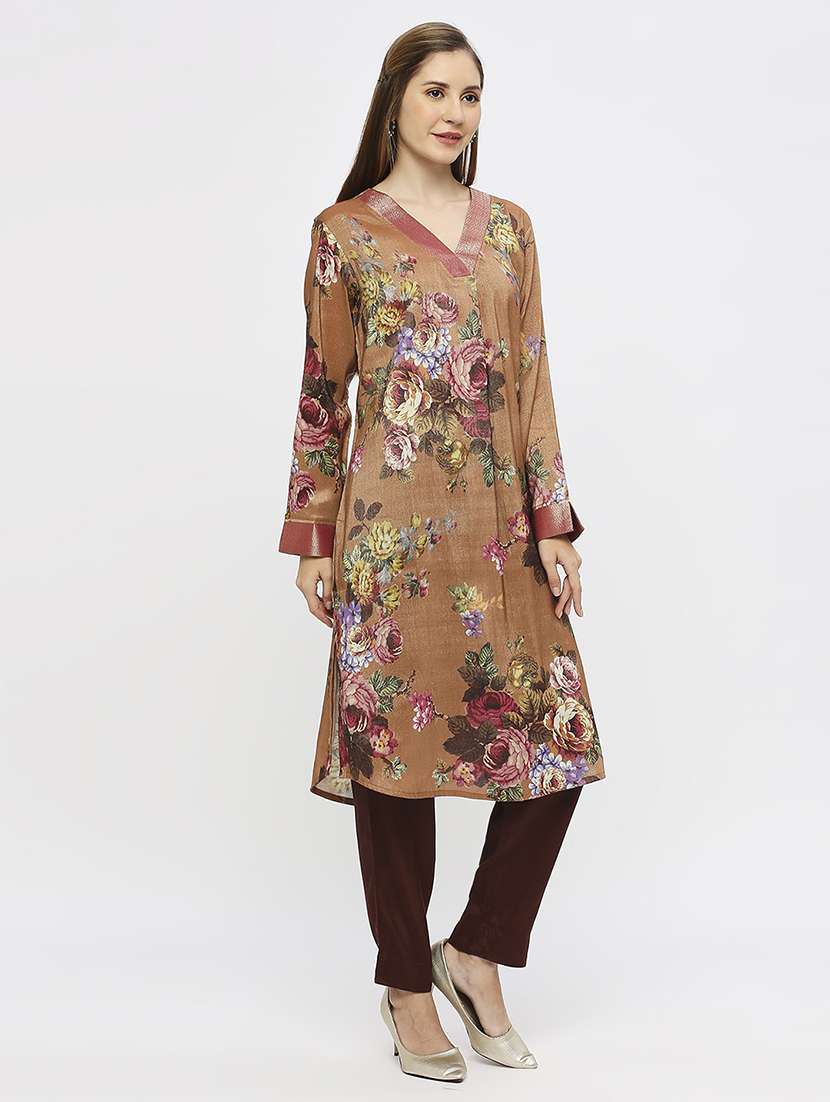 women floral long sleeve straight kurta - 21662216 - Standard Image - 1