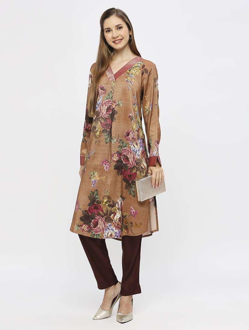 women floral long sleeve straight kurta - 21662216 - Standard Image - 4
