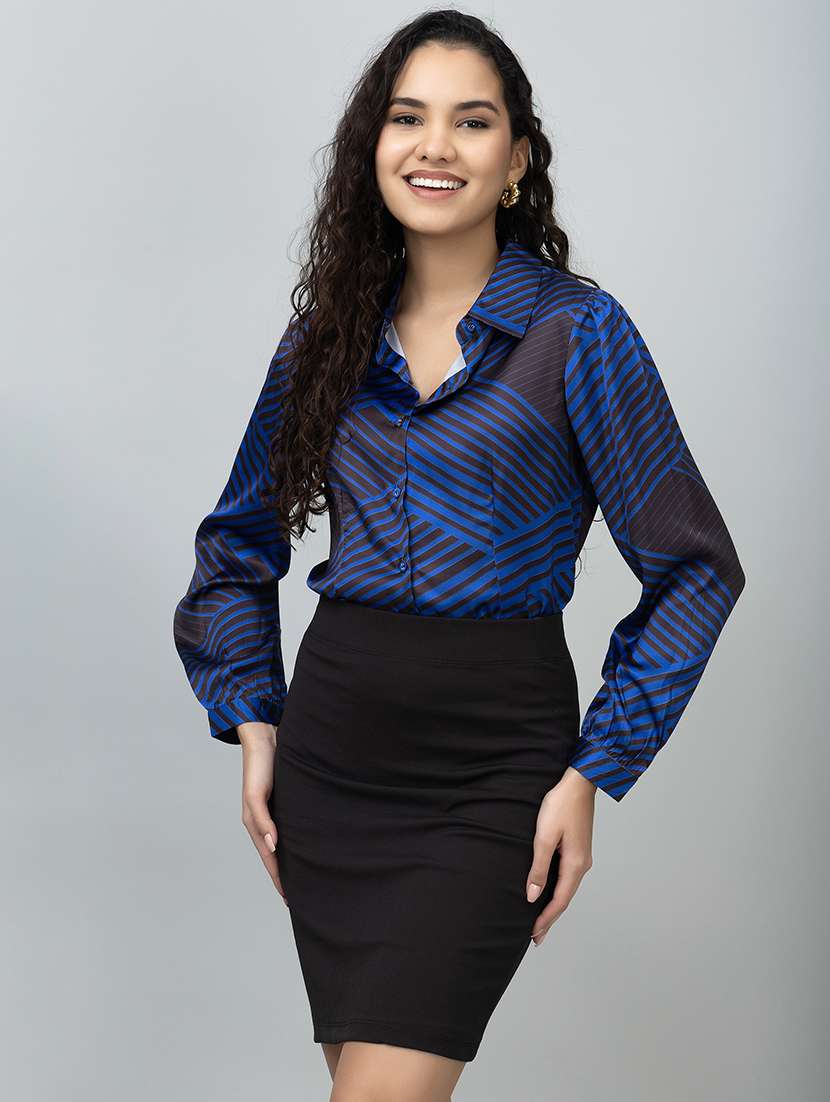 women blue stripe printed long sleeve shirt