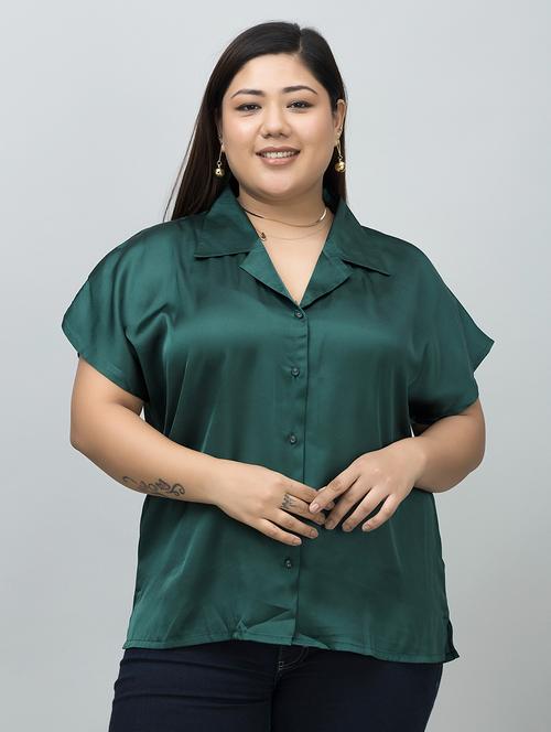 women bottle green solid short sleeve shirt - 21662325 -  Standard Image - 0