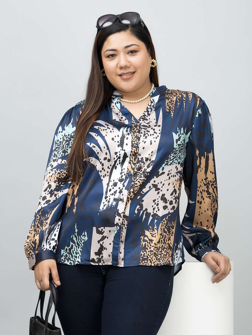 women navy blue printed long sleeves shirt