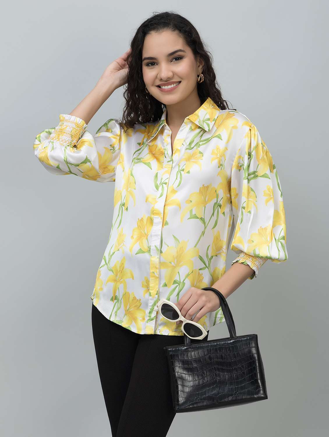 women floral printed collared puff sleeves shirt