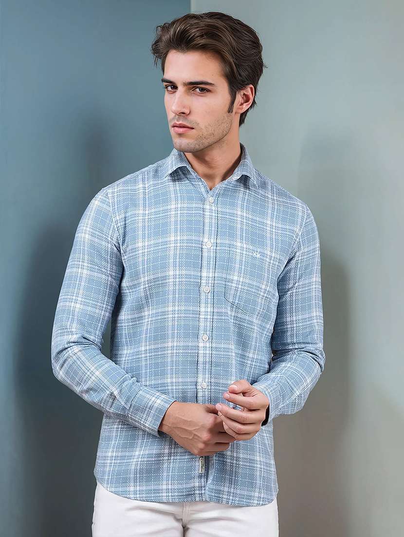 men long sleeves checkered casual shirt