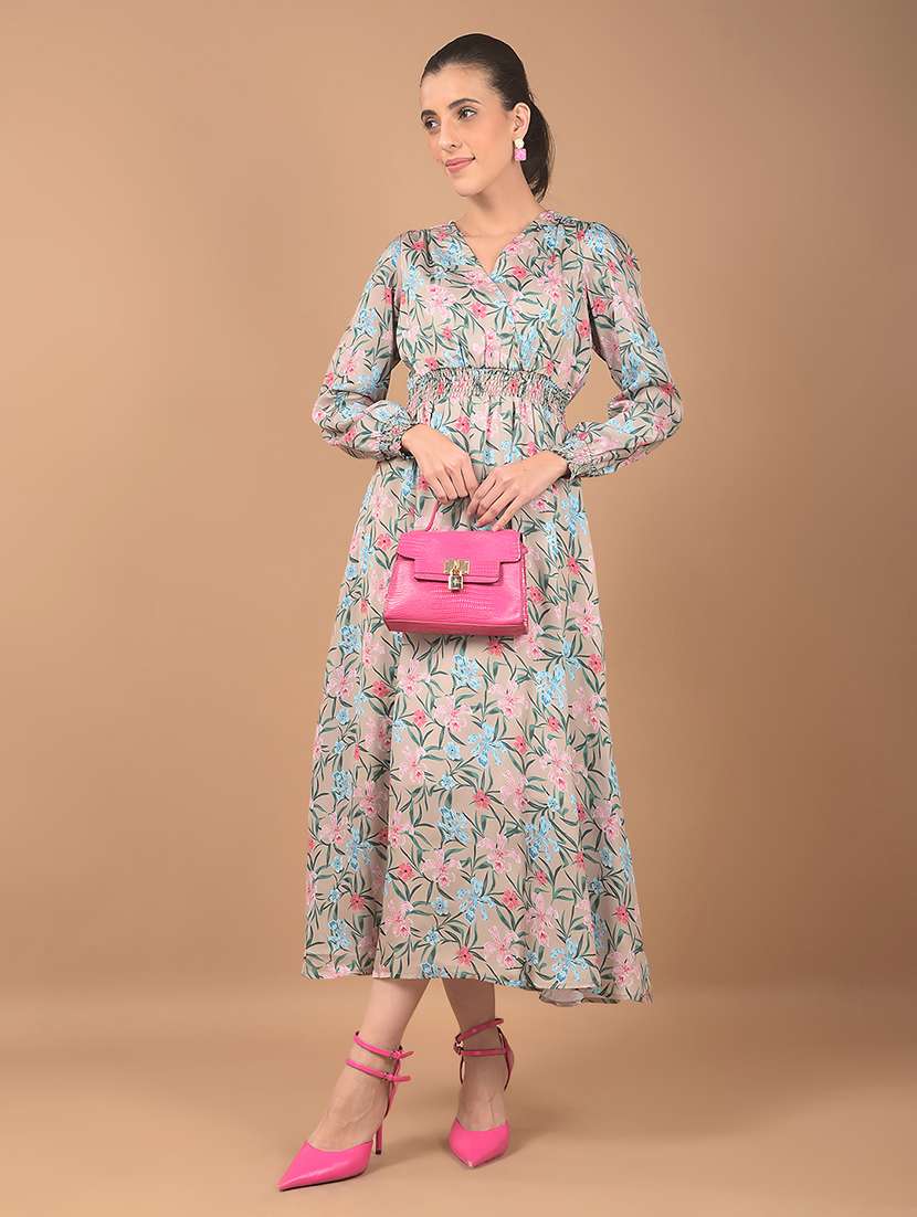 women floral print puff sleeves a-line dress - 21662396 - Standard Image - 1