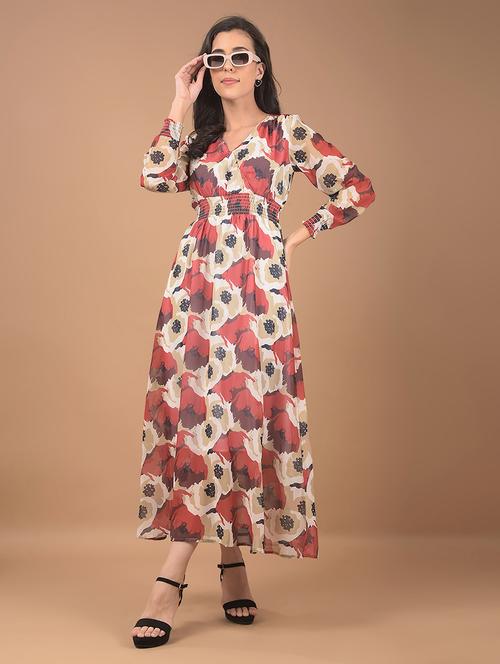 women printed puff sleeves a-line dress - 21662402 - Standard Image - 0