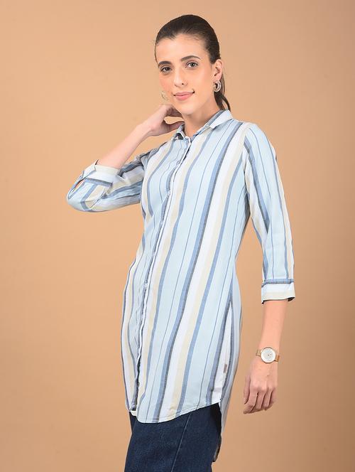 women striped collared high low shirt - 21662427 -  Standard Image - 0