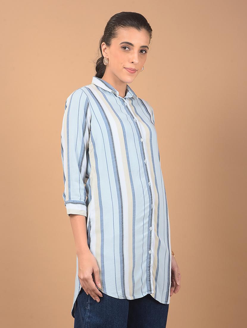 women striped collared high low shirt - 21662427 -  Standard Image - 1