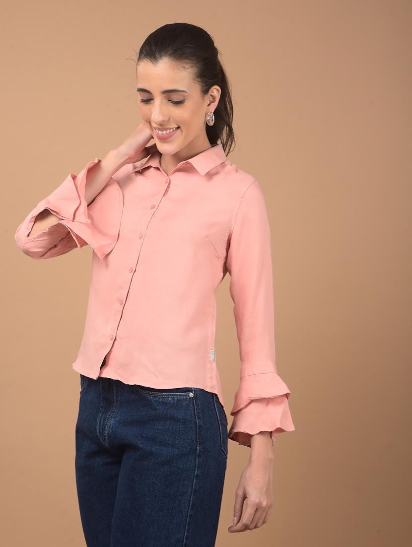 women solid collared bell sleeves high low shirt - 21662428 -  Standard Image - 1