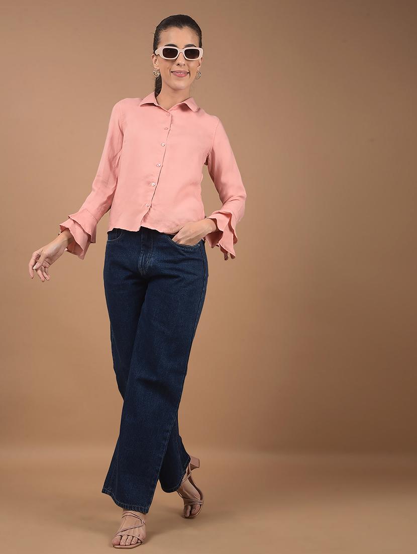 women solid collared bell sleeves high low shirt - 21662428 - Standard Image - 4
