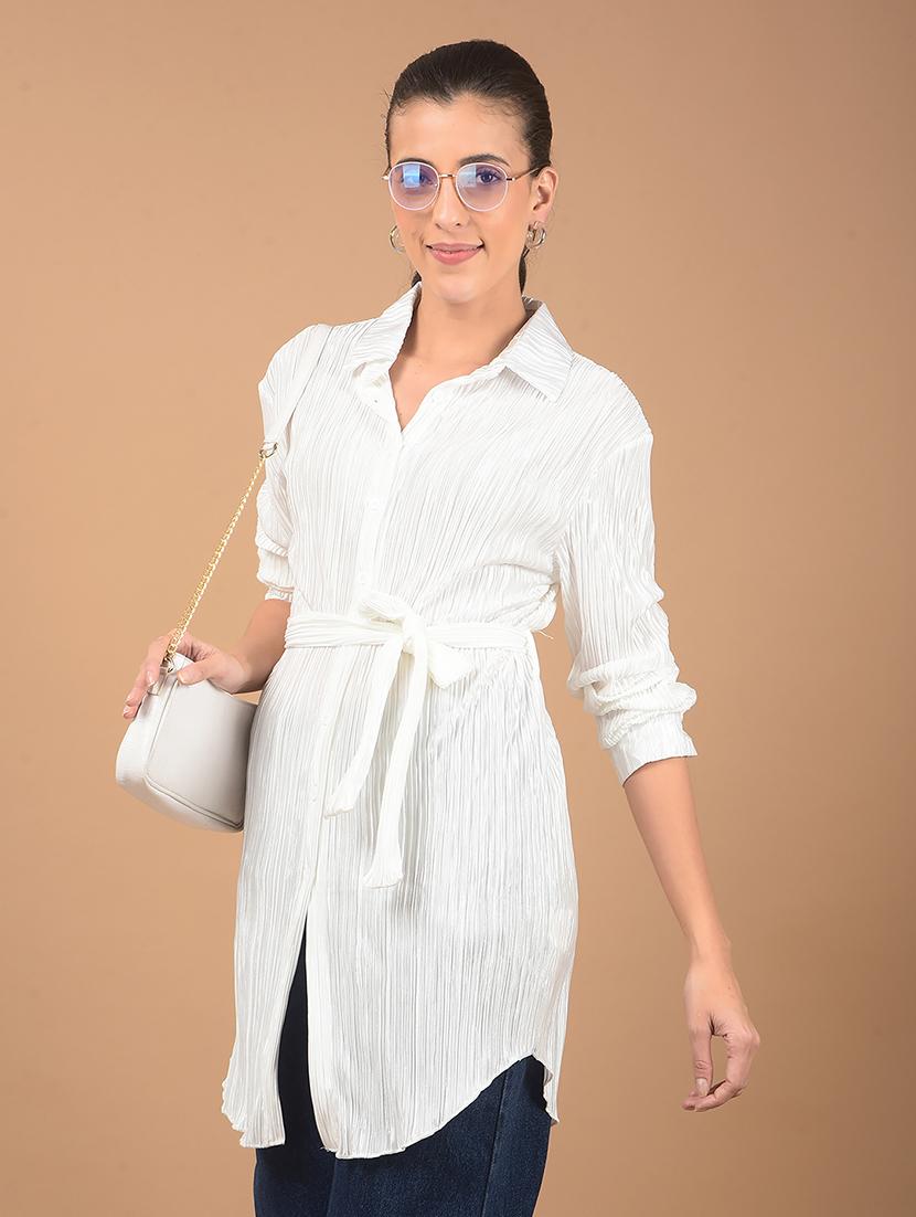 women white solid long sleeve shirt top with belt - 21662473 -  Zoom Image - 0