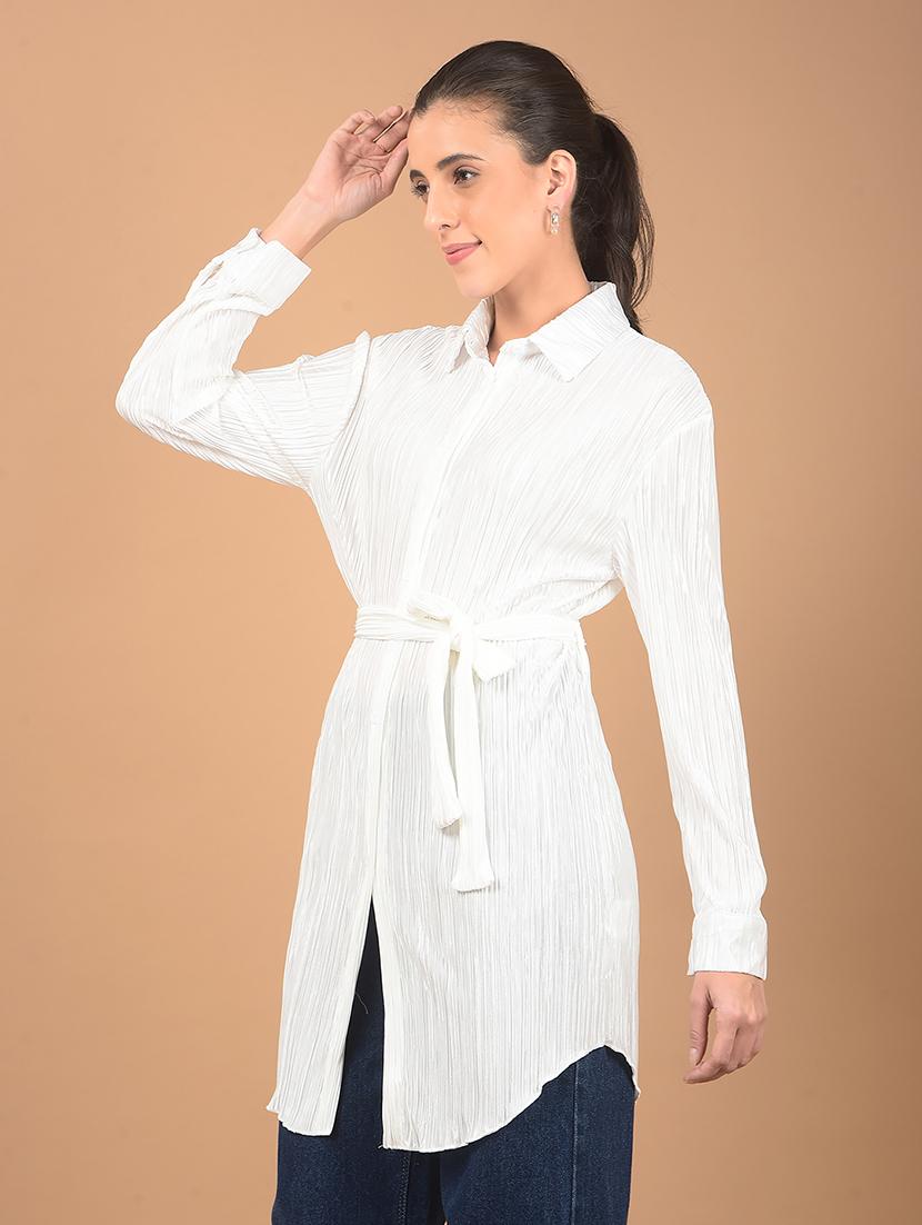 women white solid long sleeve shirt top with belt - 21662473 -  Standard Image - 1