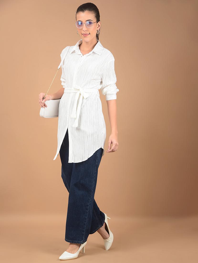 women white solid long sleeve shirt top with belt - 21662473 - Standard Image - 4