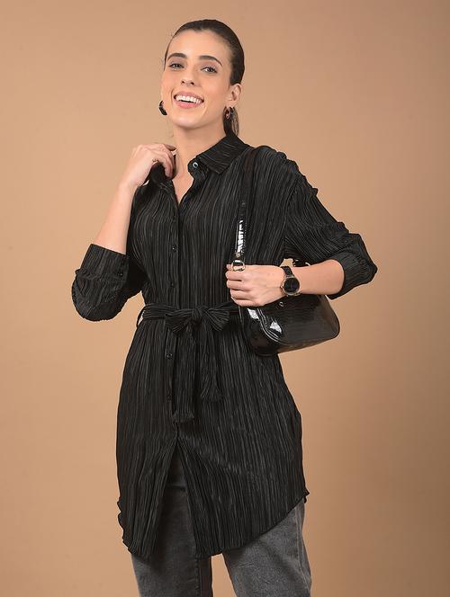 women stripes long sleeve shirt top with belt - 21662474 -  Standard Image - 0