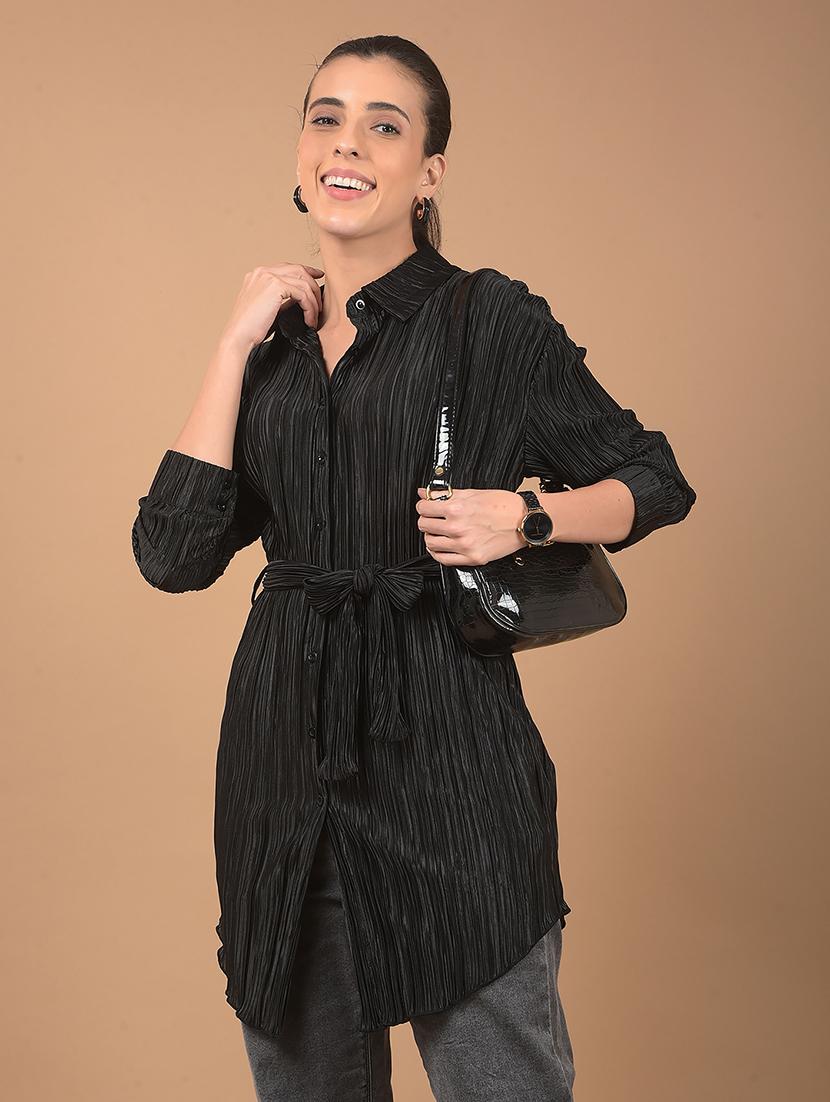 women stripes long sleeve shirt top with belt - 21662474 -  Zoom Image - 0