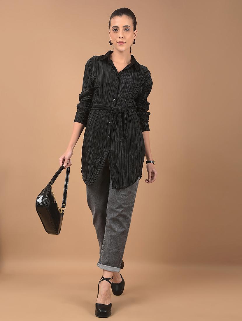 women stripes long sleeve shirt top with belt - 21662474 - Standard Image - 4