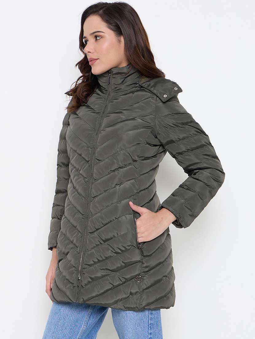 women solid stand collar quilted jacket - 21662524 -  Standard Image - 1