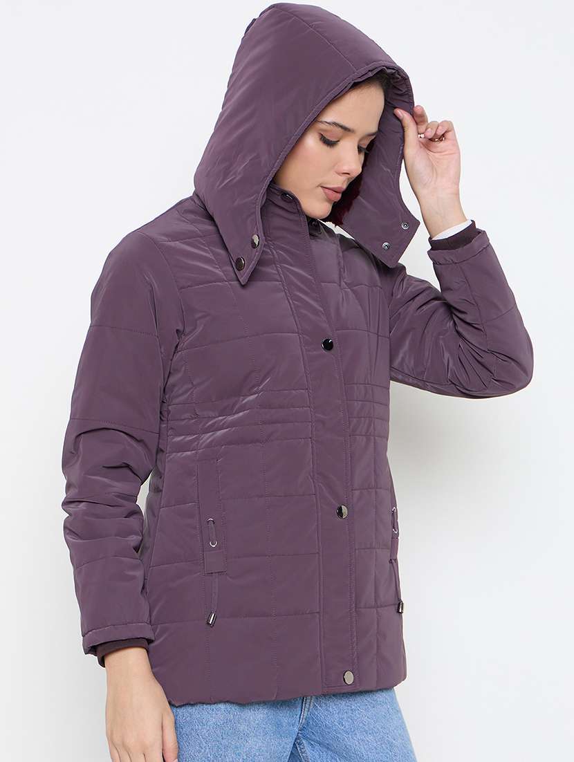women solid hooded long sleeves quilted acket - 21662525 -  Standard Image - 1