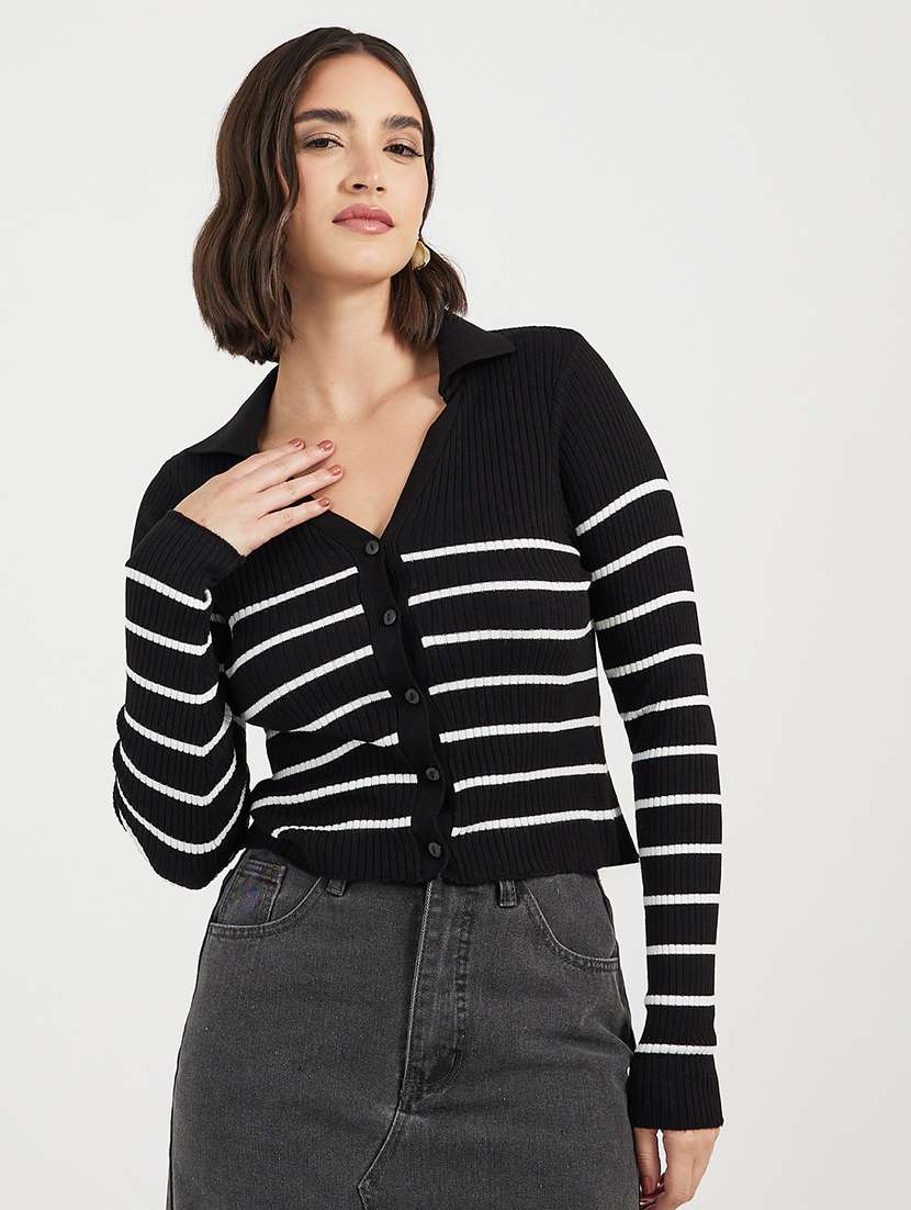 women striped long sleeves cardigan