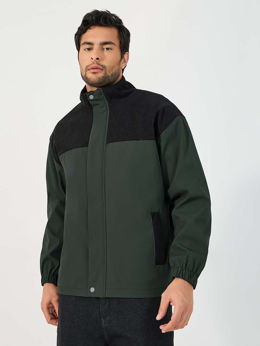men green color block long sleeve bomber jacket