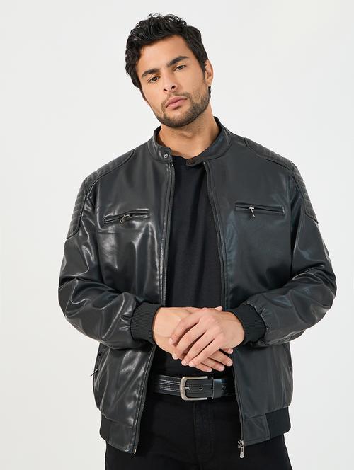 men black solid long sleeve biker jacket - 21662692 -  Standard Image - 0