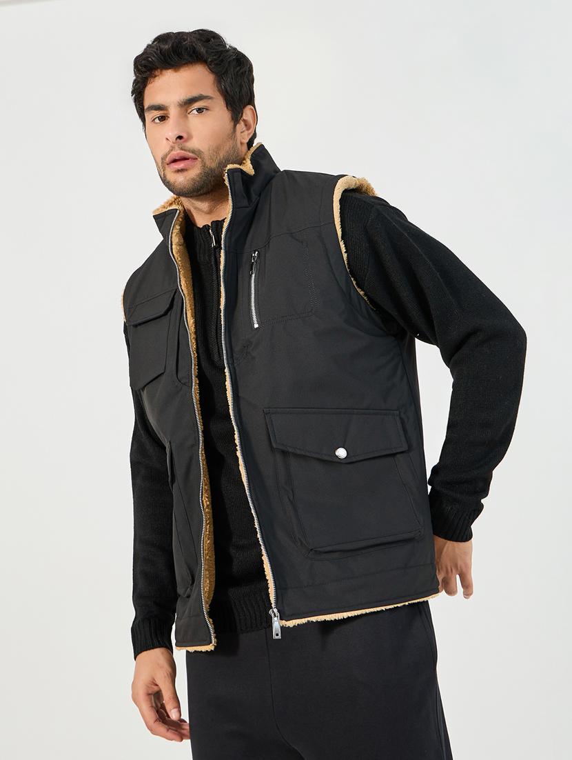 men black solid sleeveless casual jacket - 21662693 -  Standard Image - 1