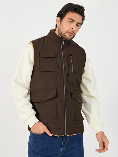 men brown solid sleeveless casual jacket - 21662694 -  Standard Image - 0